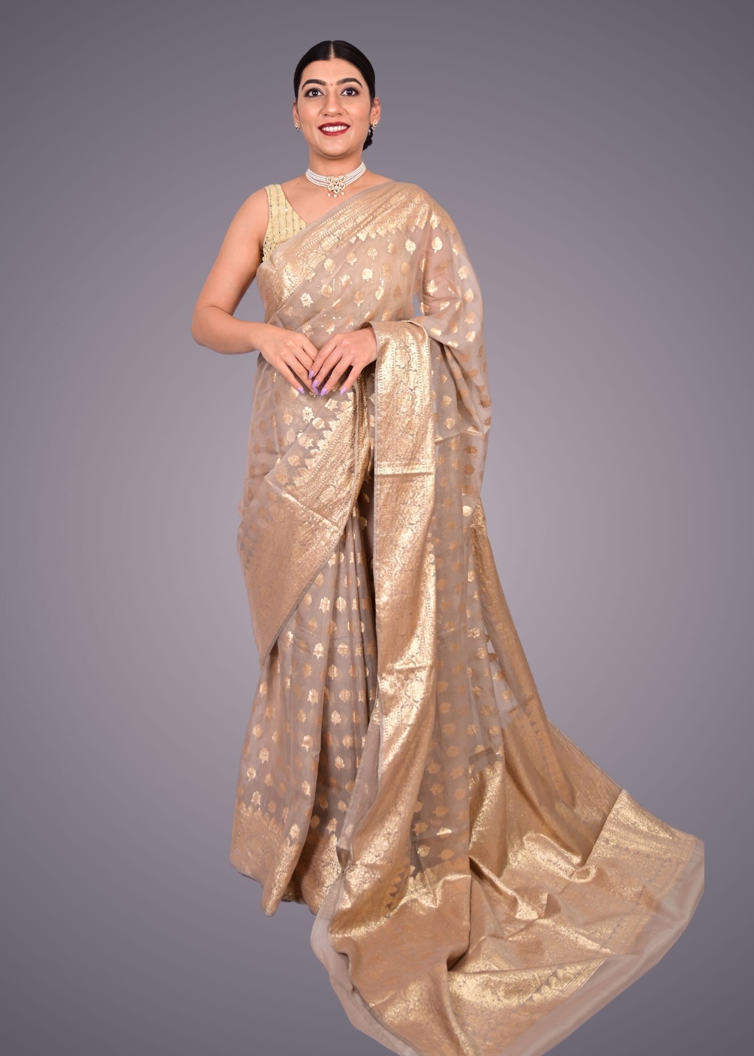 Beige & Gold Toned Pure Cotton Linen Saree