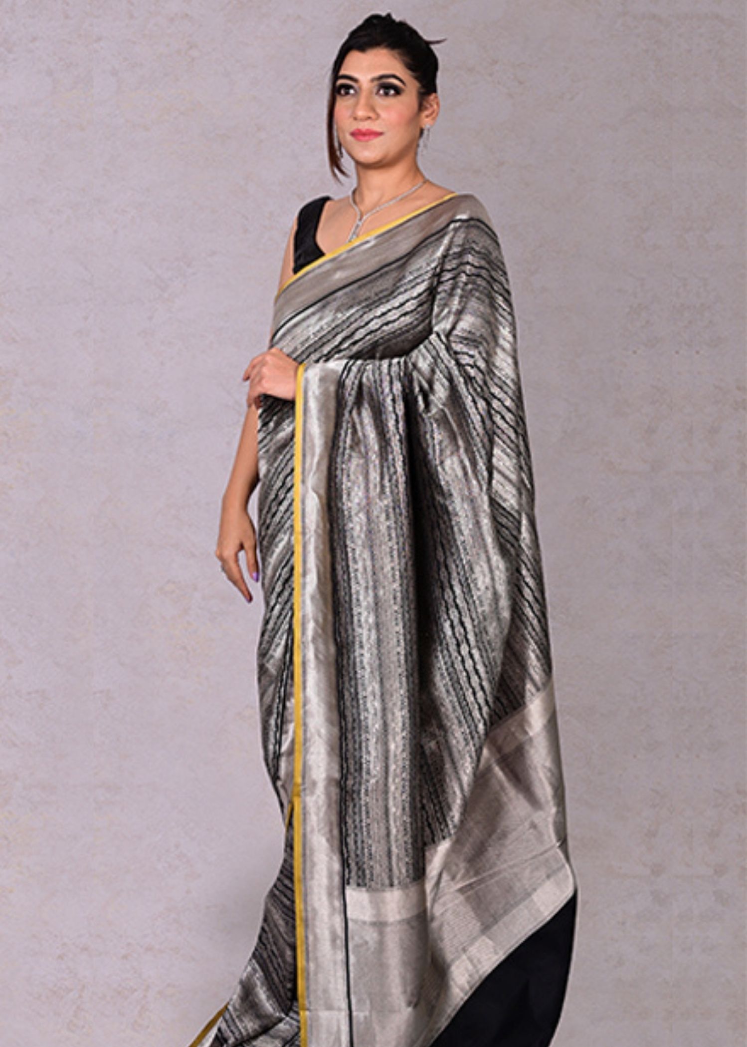 Black & Silver Tone pure katan Silk Saree - Image 2
