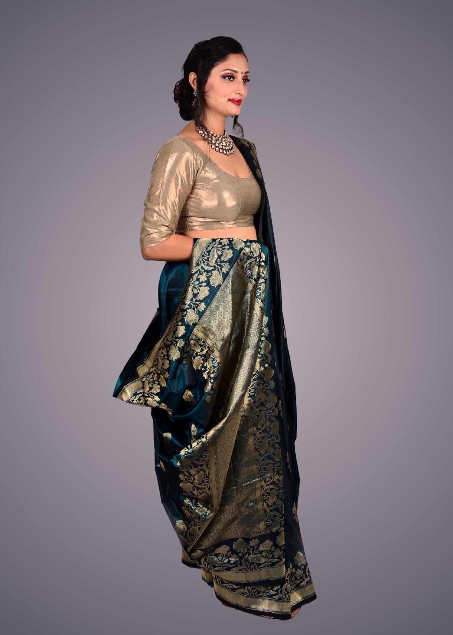 Bottle Green & Gold Toned Ethnic Katan Silk Saree - Image 3