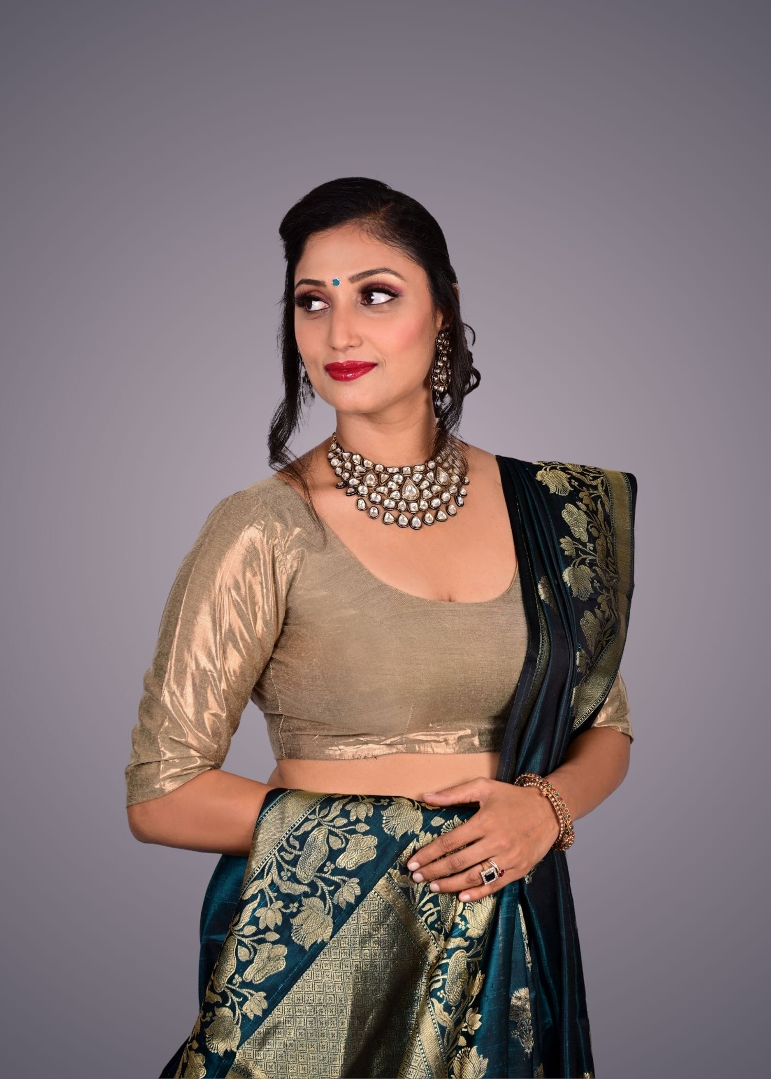 Bottle Green & Gold Toned Ethnic Katan Silk Saree - Image 2