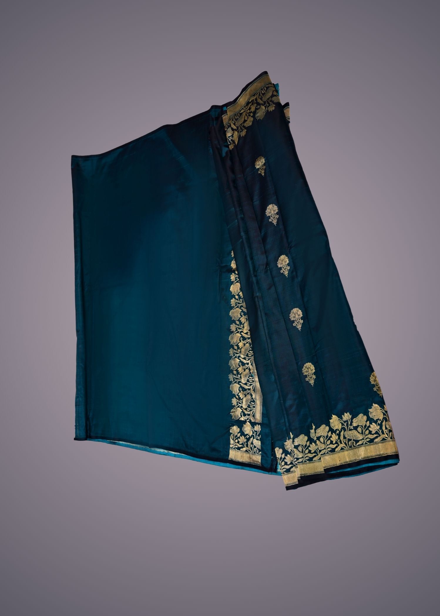 Bottle Green & Gold Toned Ethnic Katan Silk Saree - Image 4