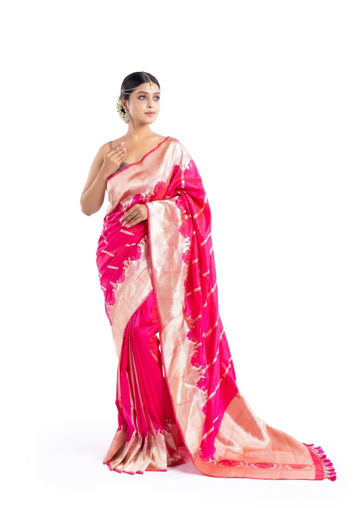 Pure Katan Silk Fuchia Pink Shikargah Banarasi Saree
