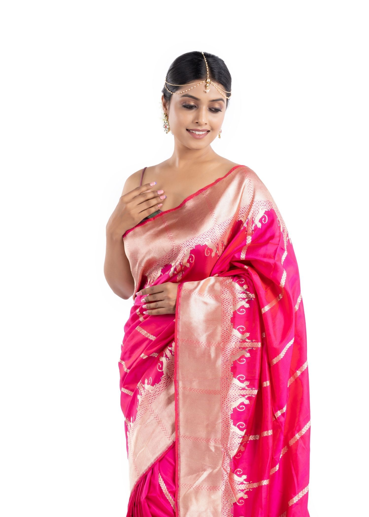Pure Katan Silk Fuchia Pink Shikargah Banarasi Saree - Image 3