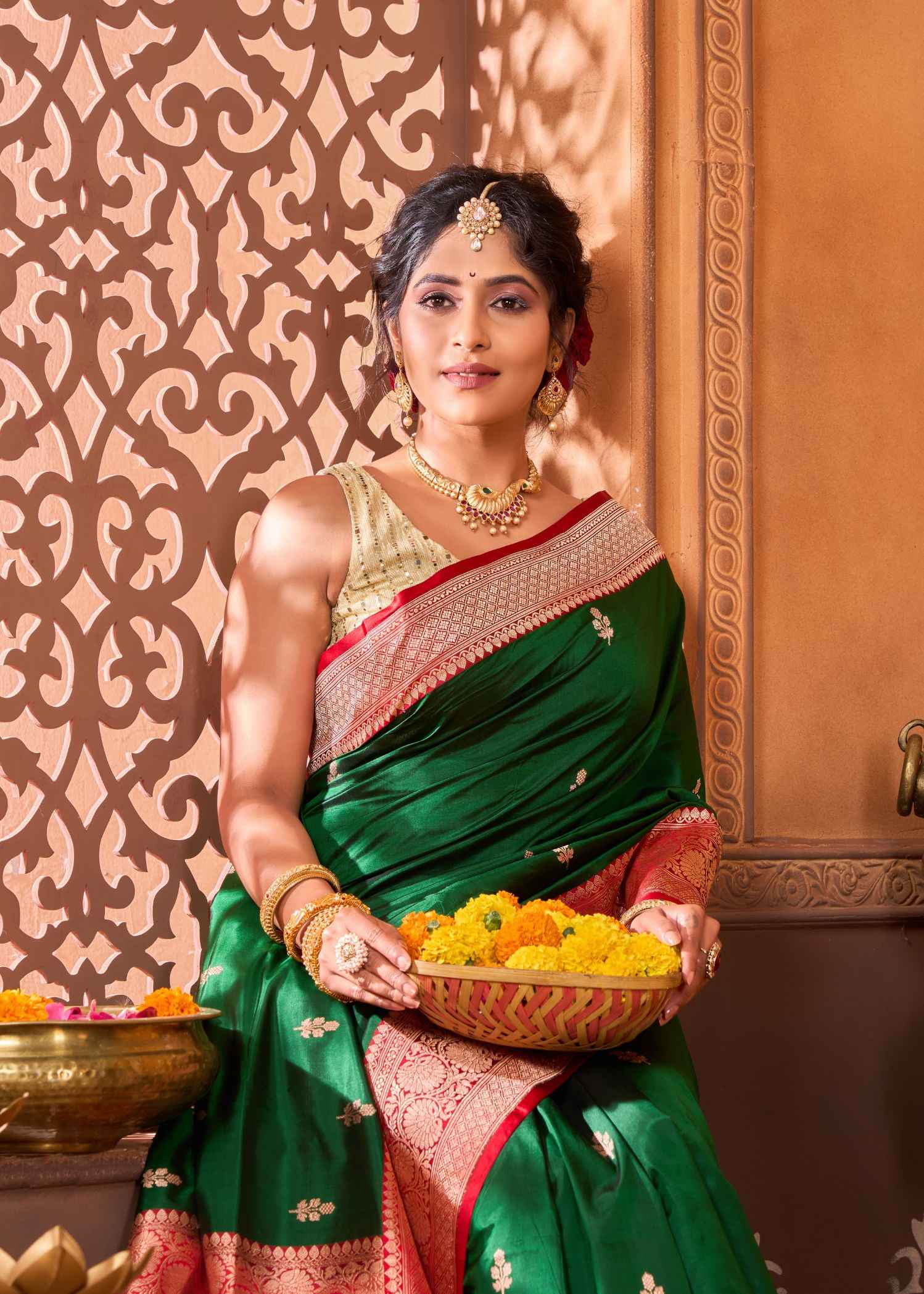 Pure Katan Silk Green and Red Kadhua Booti Saree - Image 2