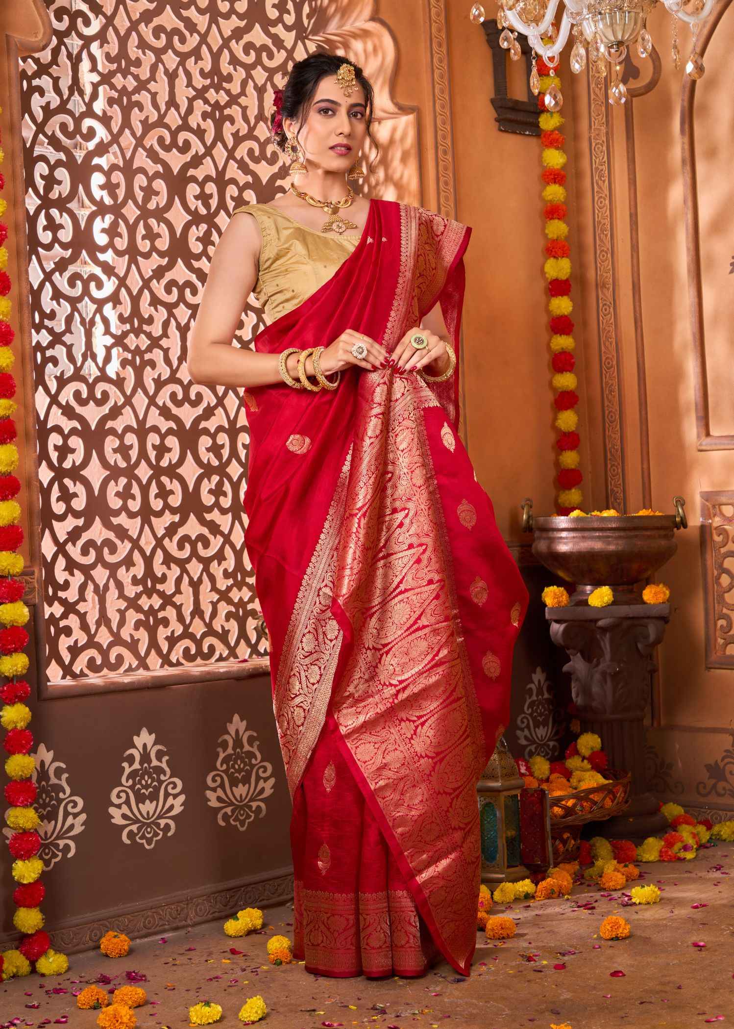 Pure Katan Silk Vibrant Red mashru weave Banarasi Saree - Image 3