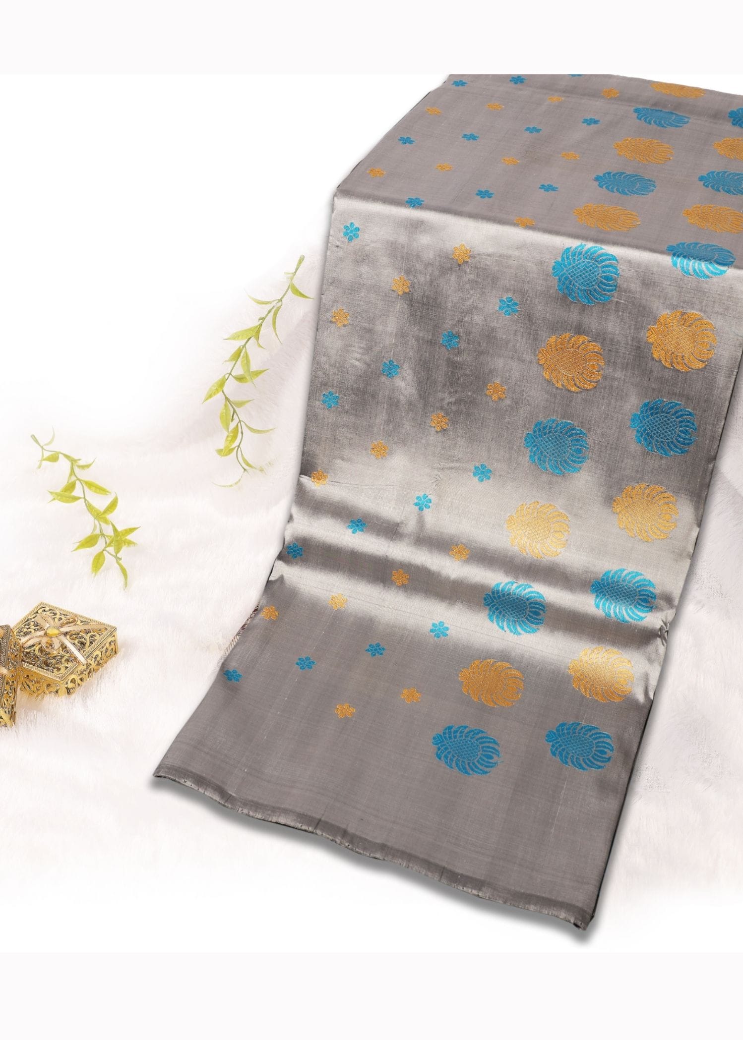 Pure Katan Silk silver Grey dual tone Colour resham saree