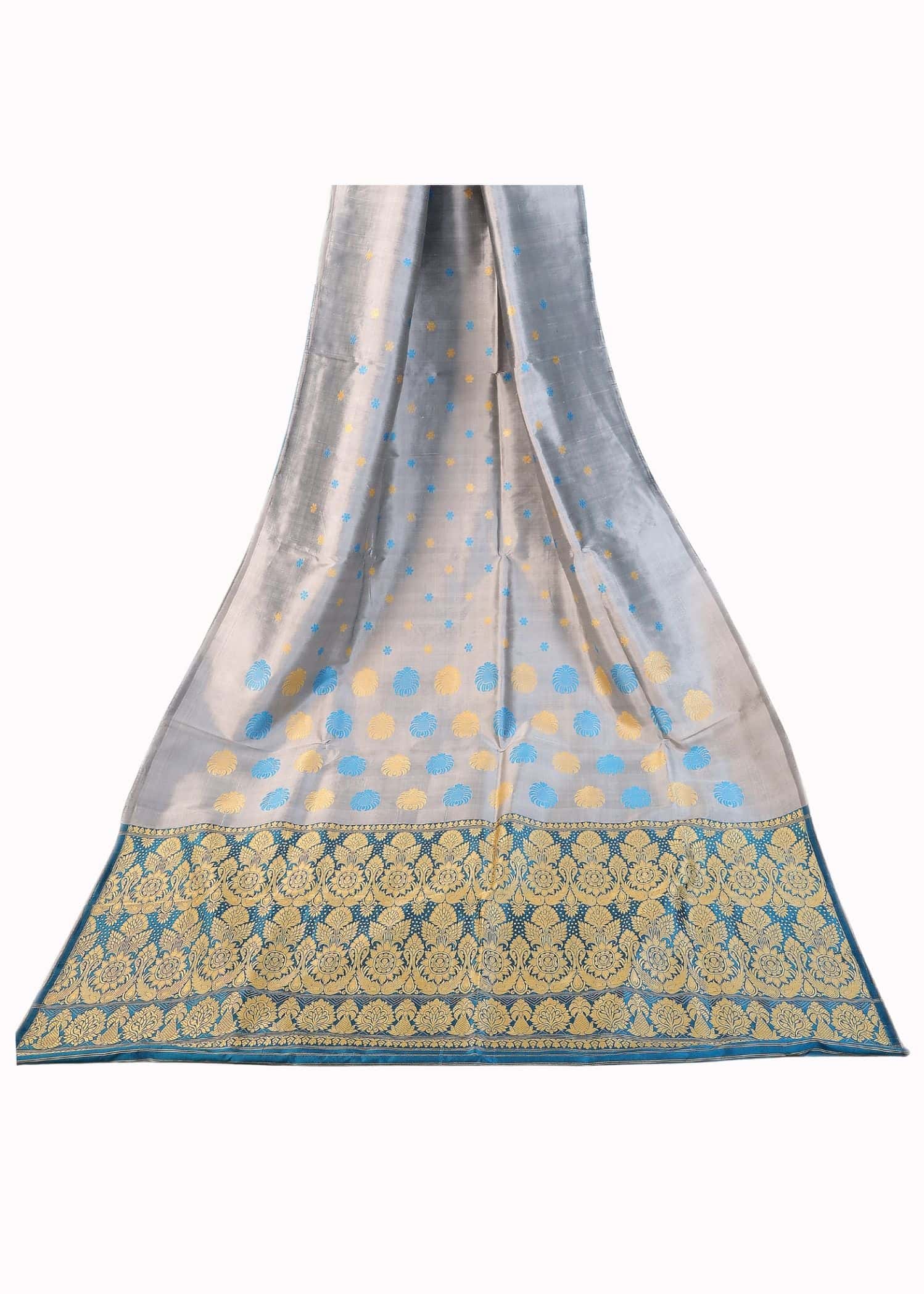 Pure Katan Silk silver Grey dual tone Colour resham saree - Image 3