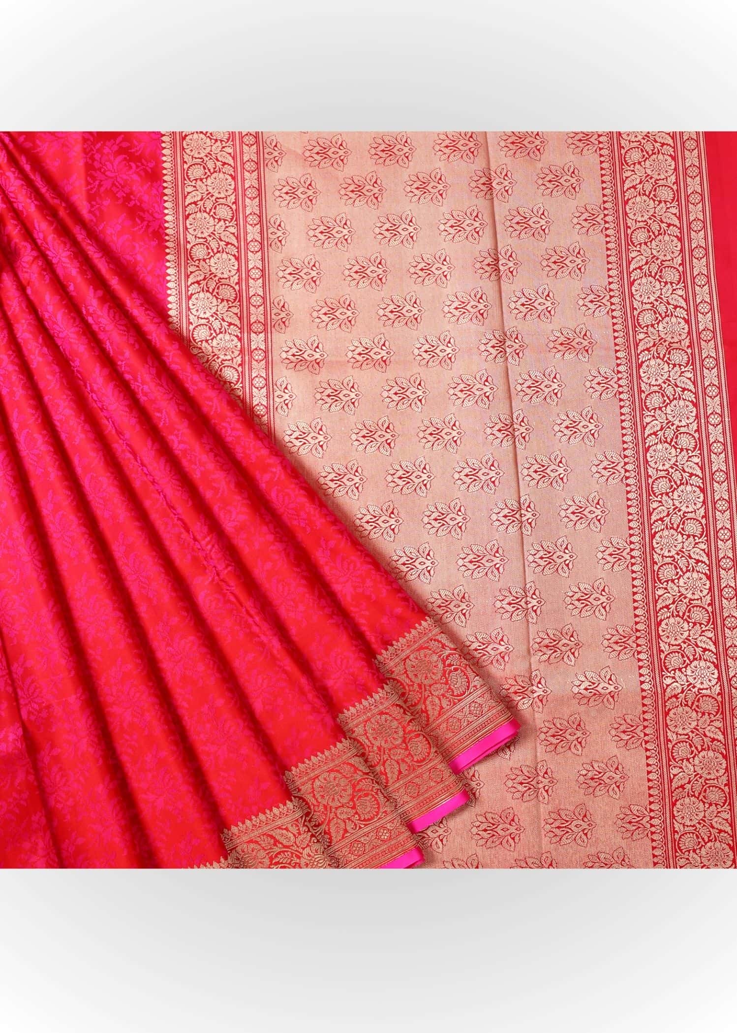Pure Katan Silk Banarasi Tanchoi hot pink dualtone gold zari saree - Image 2