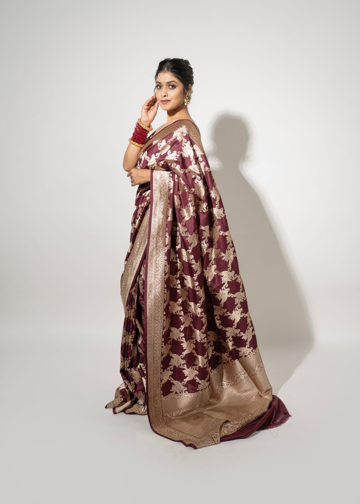 Pure Katan Silk Wine Colour Shikargah Banarasi Saree