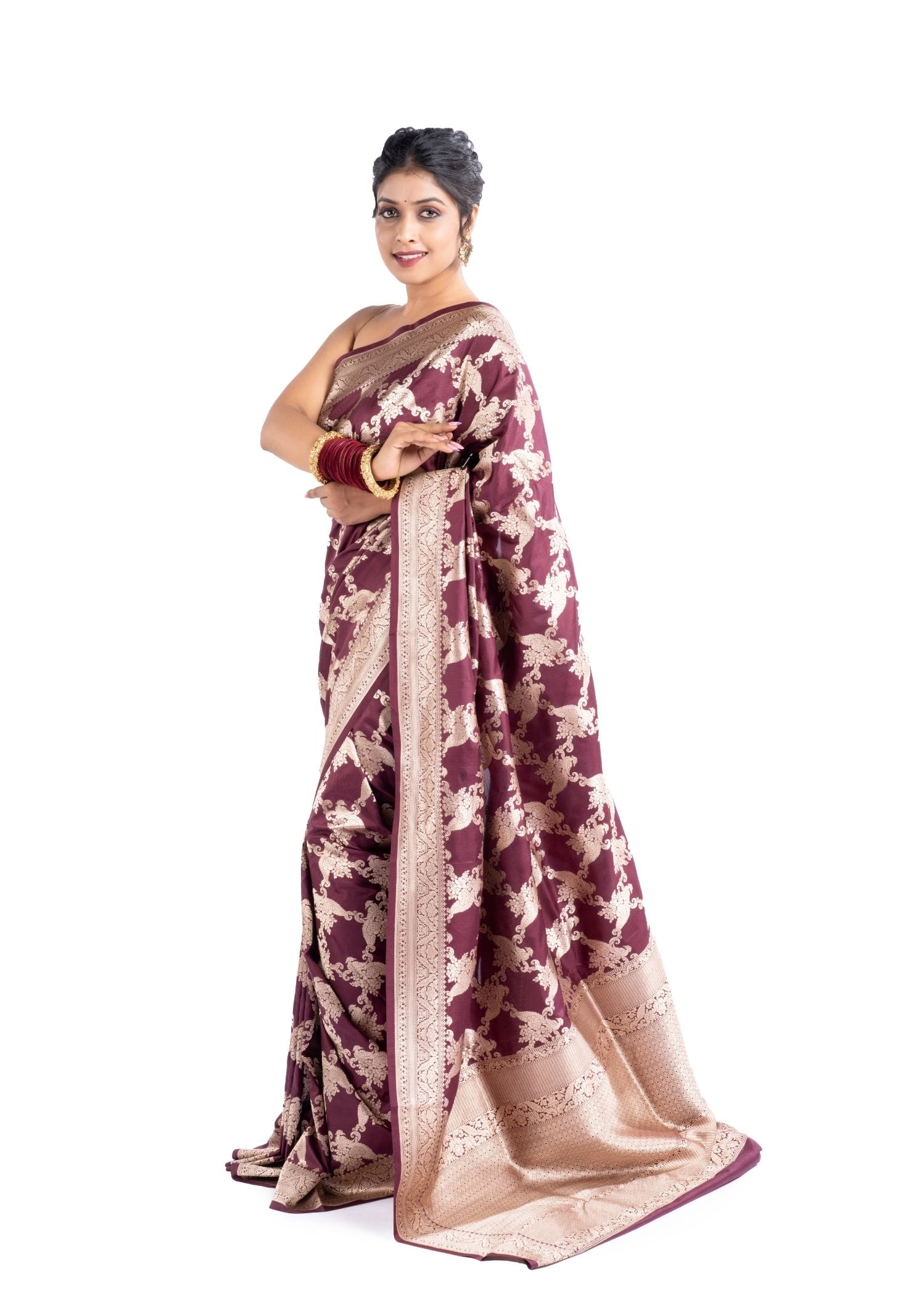 Pure Katan Silk Wine Colour Shikargah Banarasi Saree - Image 2