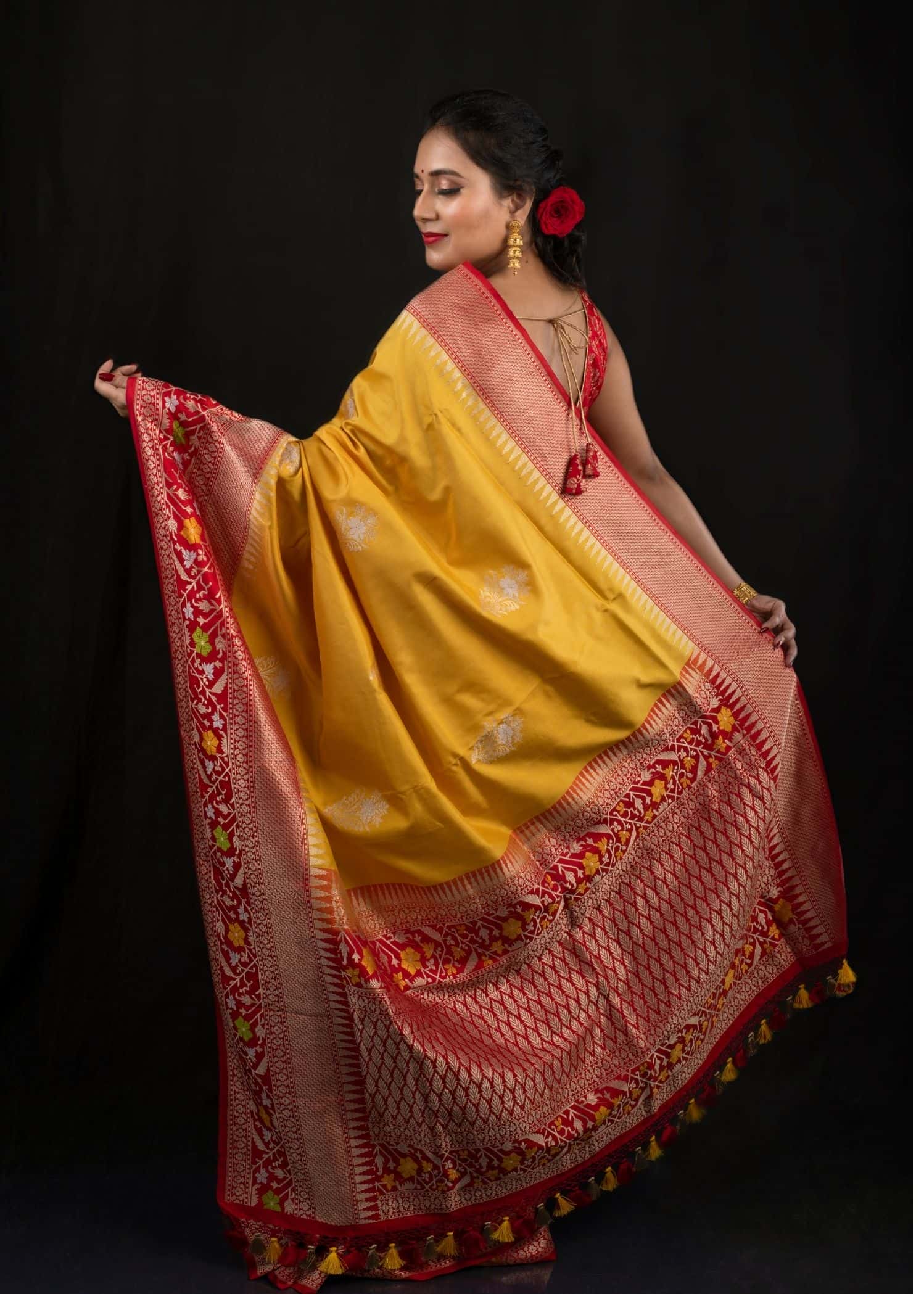 Yellow & Red Pure Katan Silk Handloom Banarasi Saree - Image 2