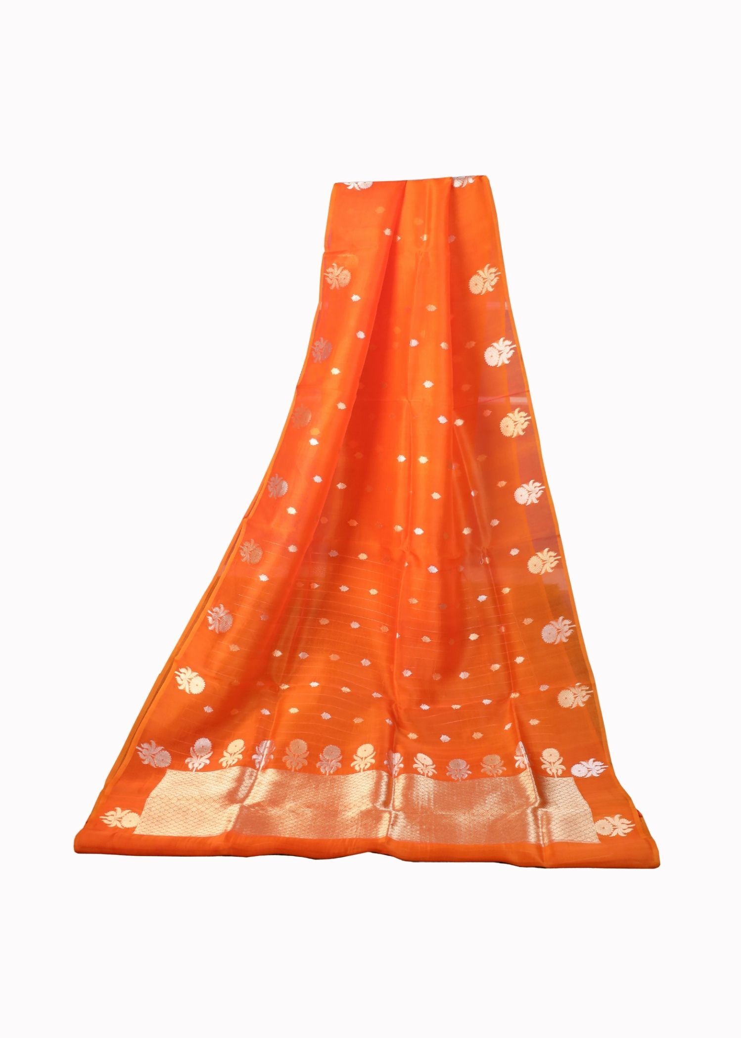 Pure Kora Silk Amber Orange kadhua bootagold zari saree - Image 3