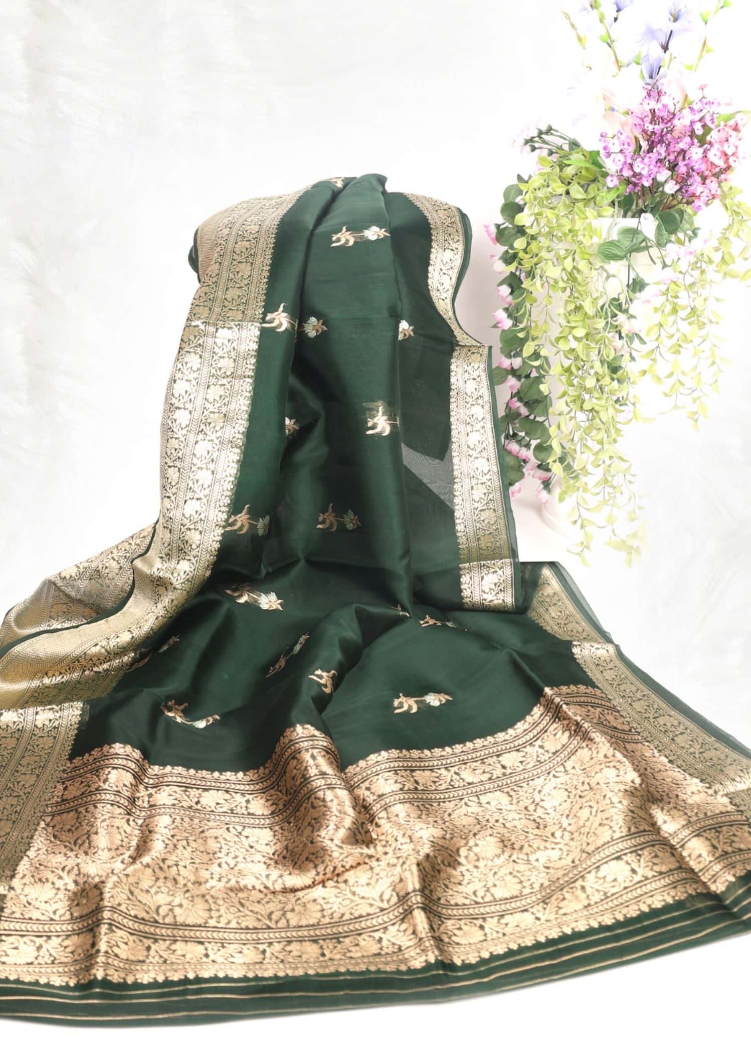 Pure Kora Silk Dark Green resham Meena gold zari saree - Image 4