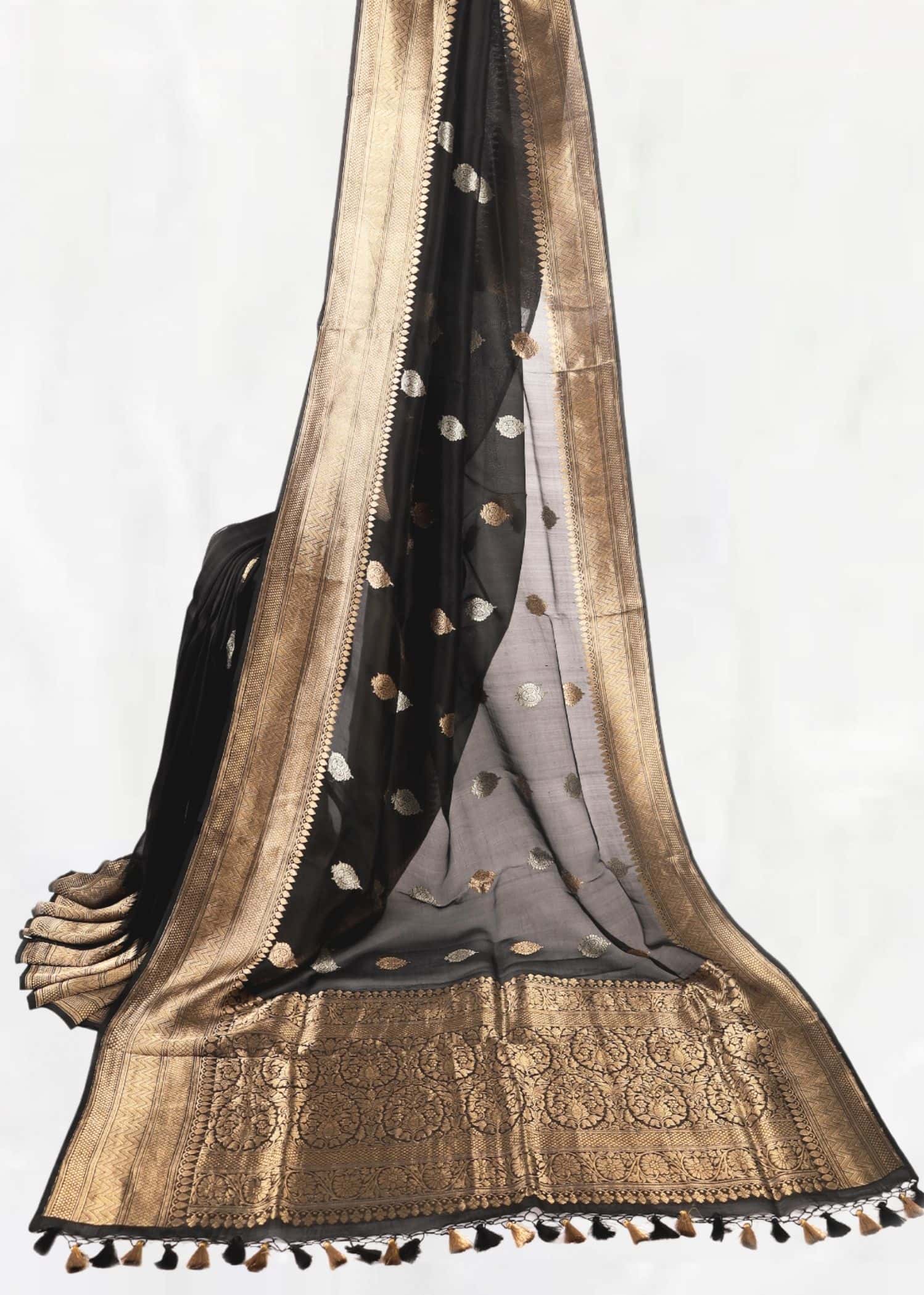 Pure Kora Silk Carbon Black Gold Zari Border Gold Silver Boota saree - Image 4