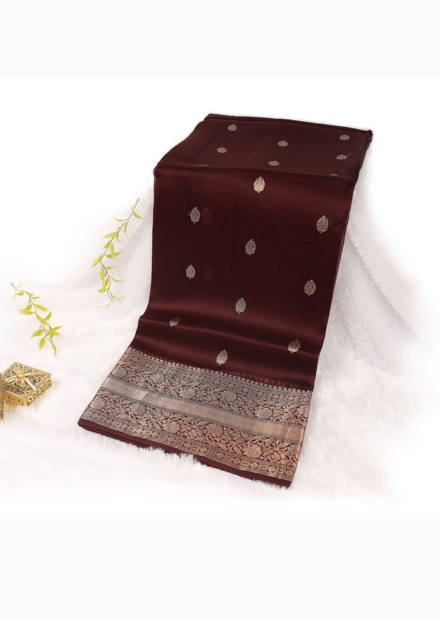 Pure Kora Silk Chocolate Brown Colour kadhua boota gold zari saree