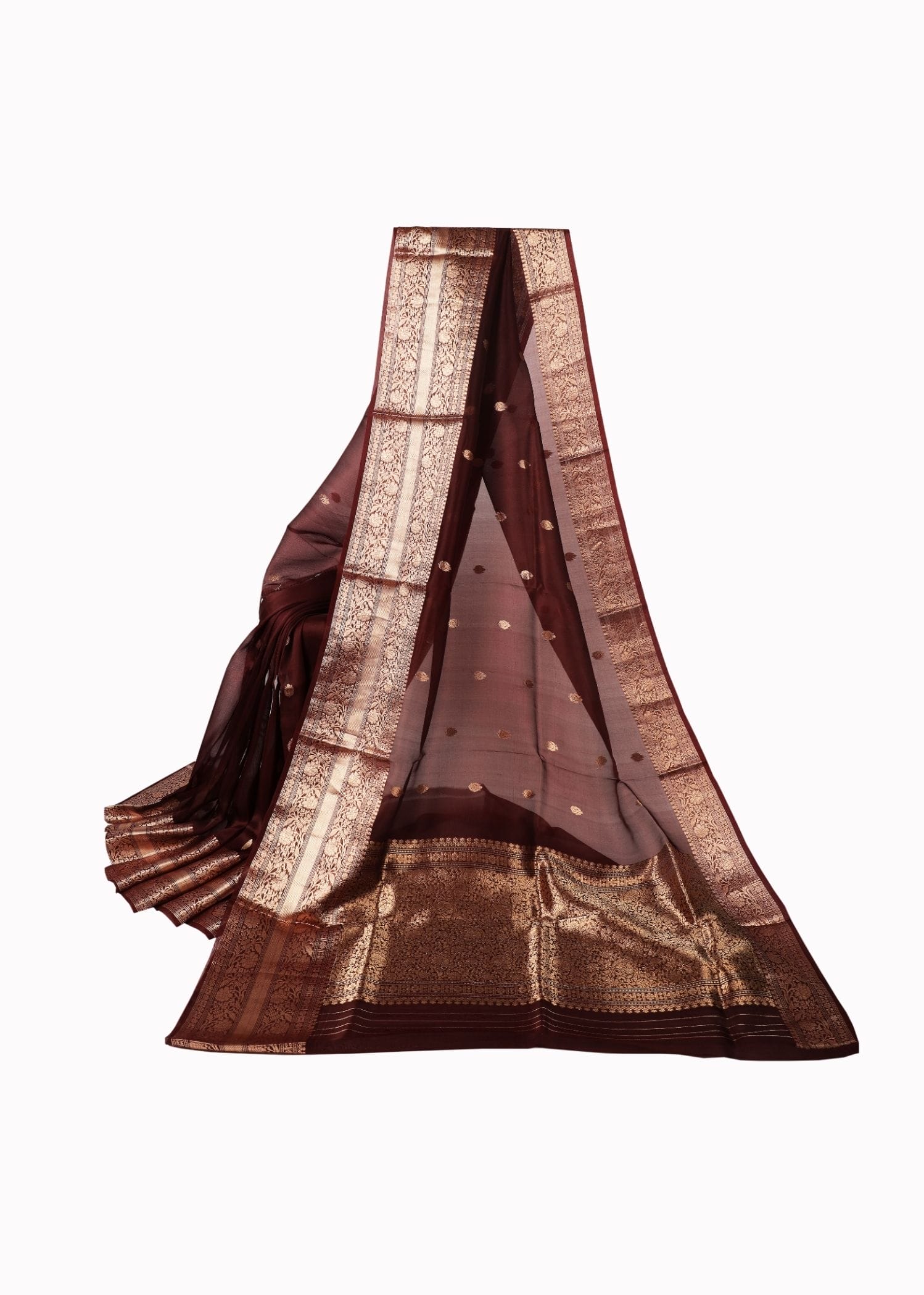 Pure Kora Silk Chocolate Brown Colour kadhua boota gold zari saree - Image 3