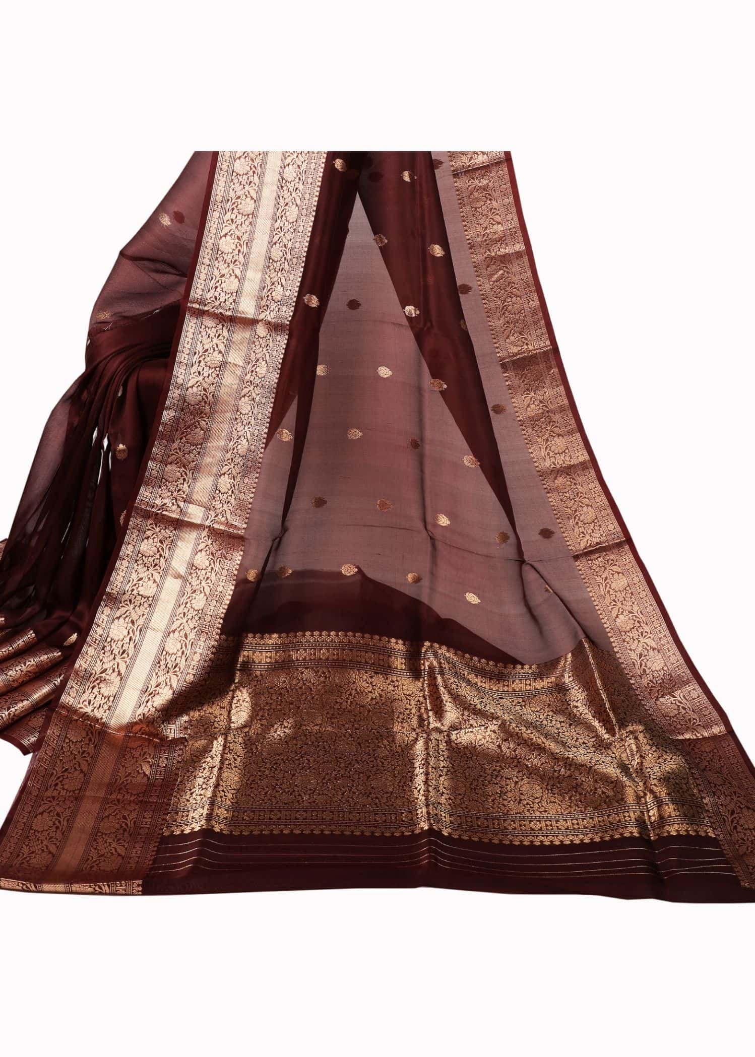 Pure Kora Silk Chocolate Brown Colour kadhua boota gold zari saree - Image 2