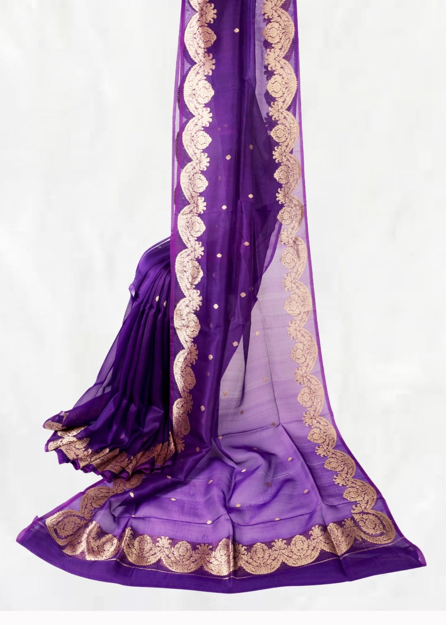 Pure Kora Silk Elegant Purple Kadhua Border Booti Gold Zari - Image 4