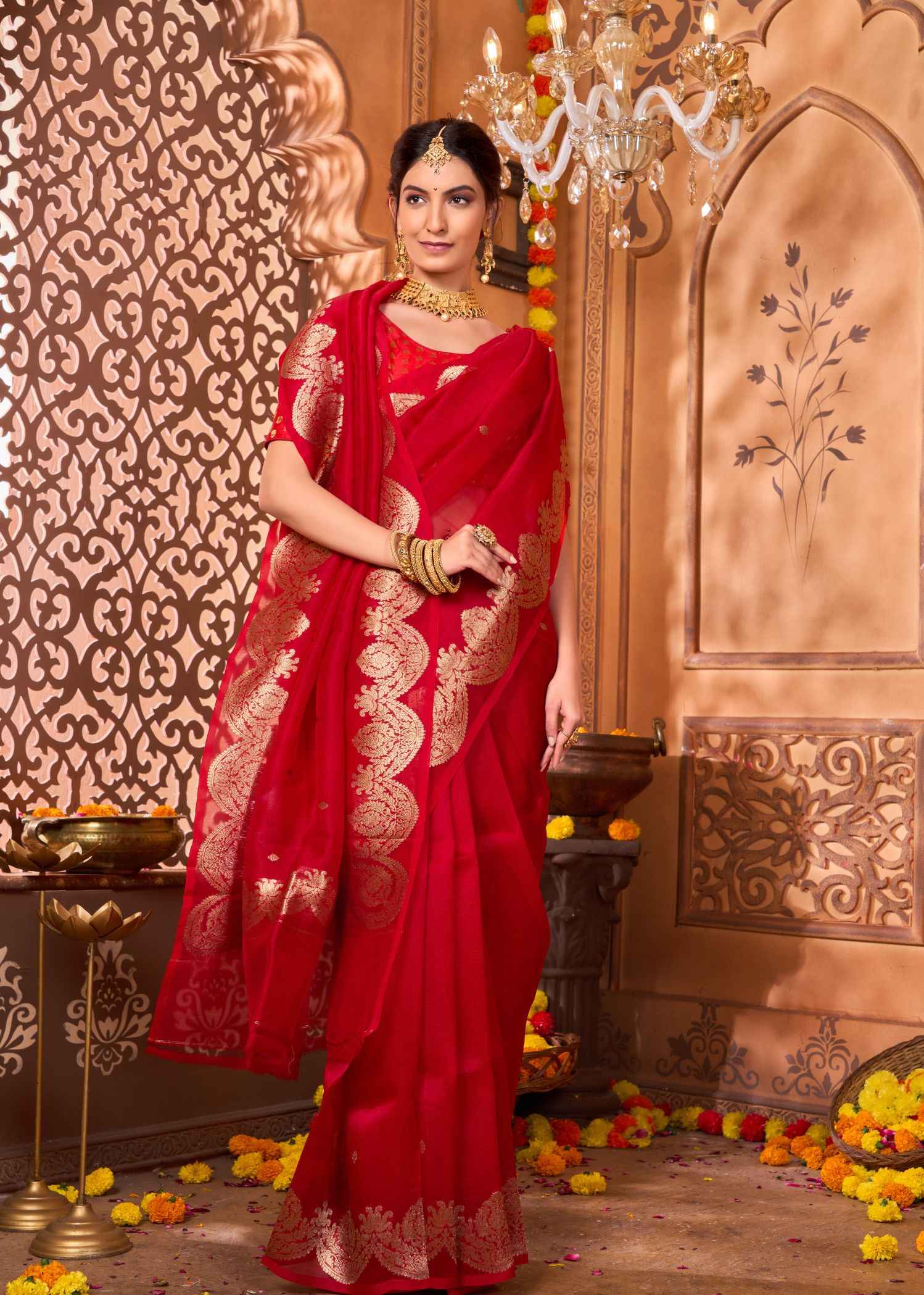 Pure Kora Silk Carmine Red Banarasi Saree - Image 2