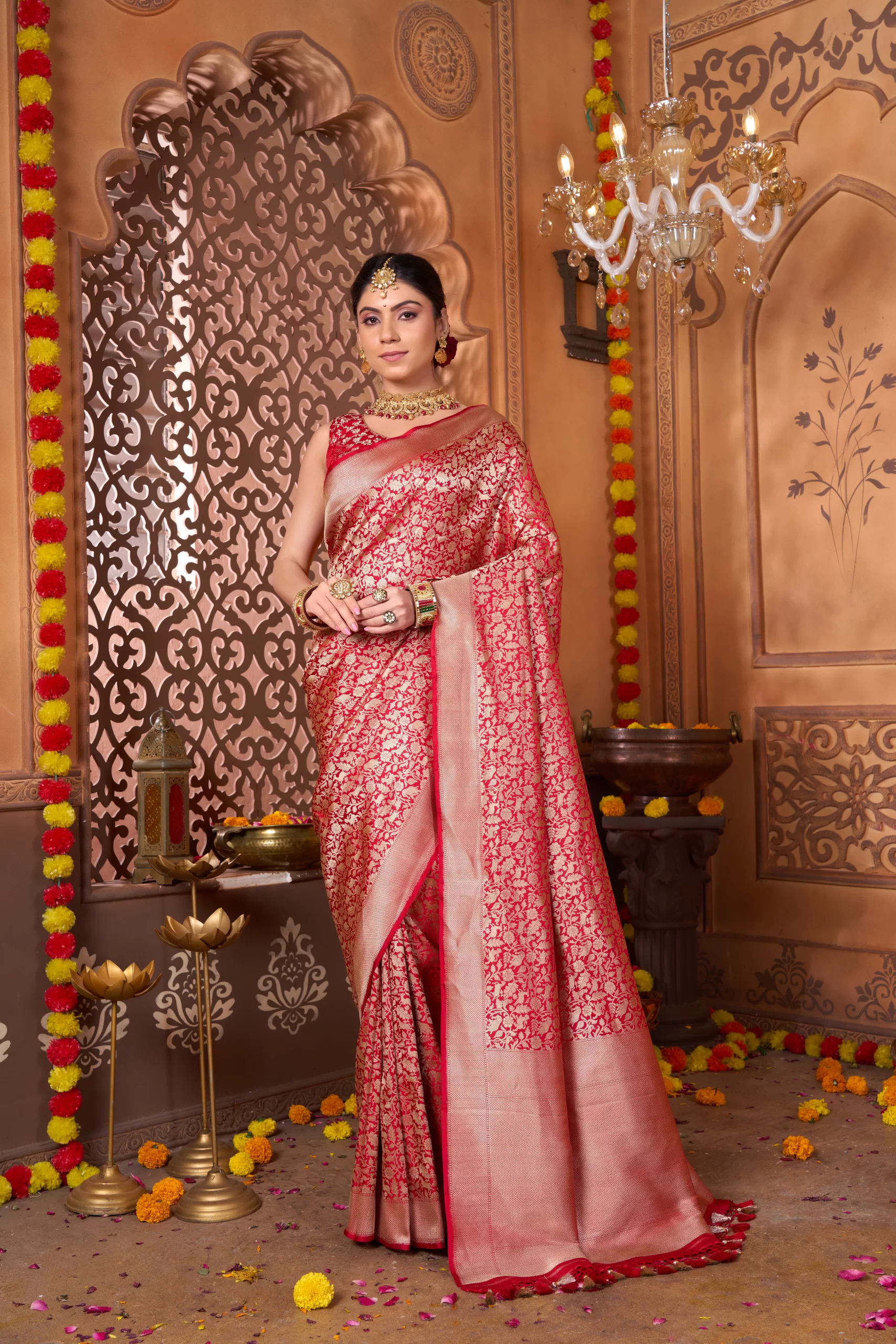 Pure Katan Silk Shikargah Brocade Banarasi Saree in Royal Red